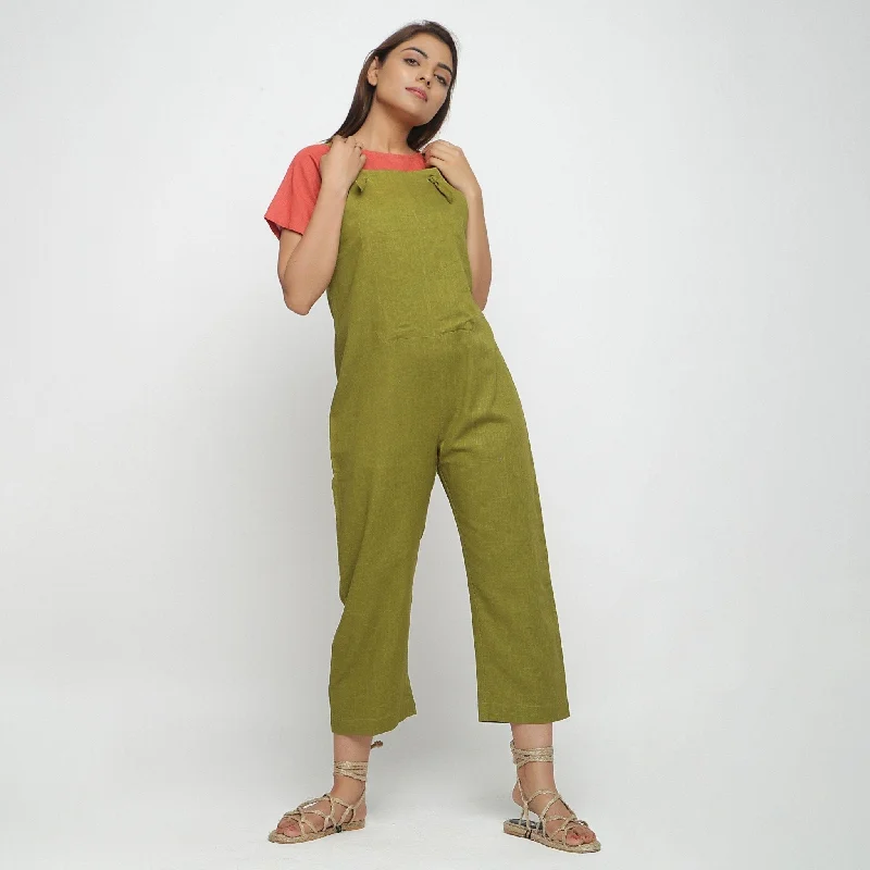 Olive Green Cotton Strap Sleeve Dungaree Jumpsuit